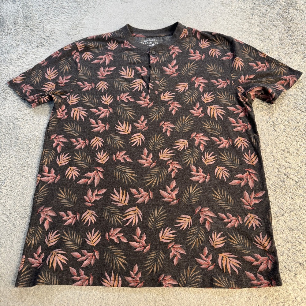 Colours Alexander Julian Mens Tropical Leaf Henley Shirt Medium Gray Pink Cotton